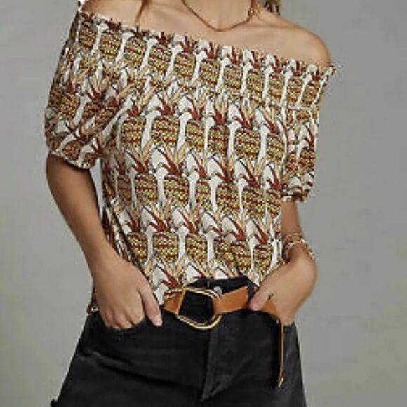 Anthropologie Cottagecore Off Shoulder Pineapple Bow Back Smocked Top Boho S - Picture 1 of 8